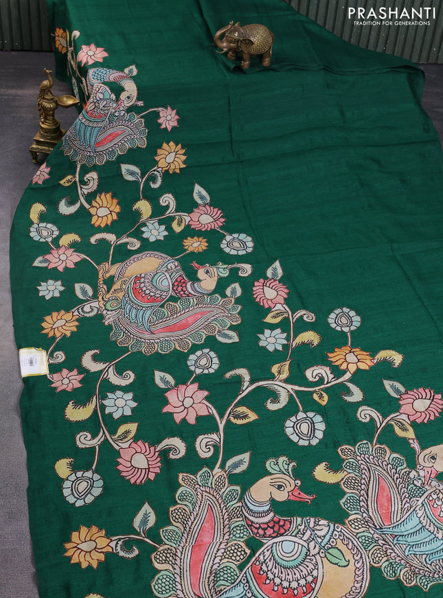 Semi tussar saree green with kalamkari applique work in borderless style