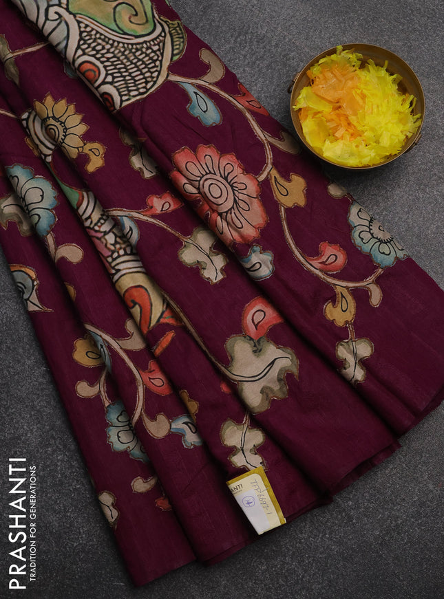 Semi tussar saree purple with kalamkari applique work in borderless style