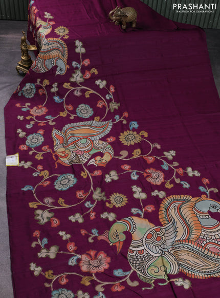 Semi tussar saree purple with kalamkari applique work in borderless style