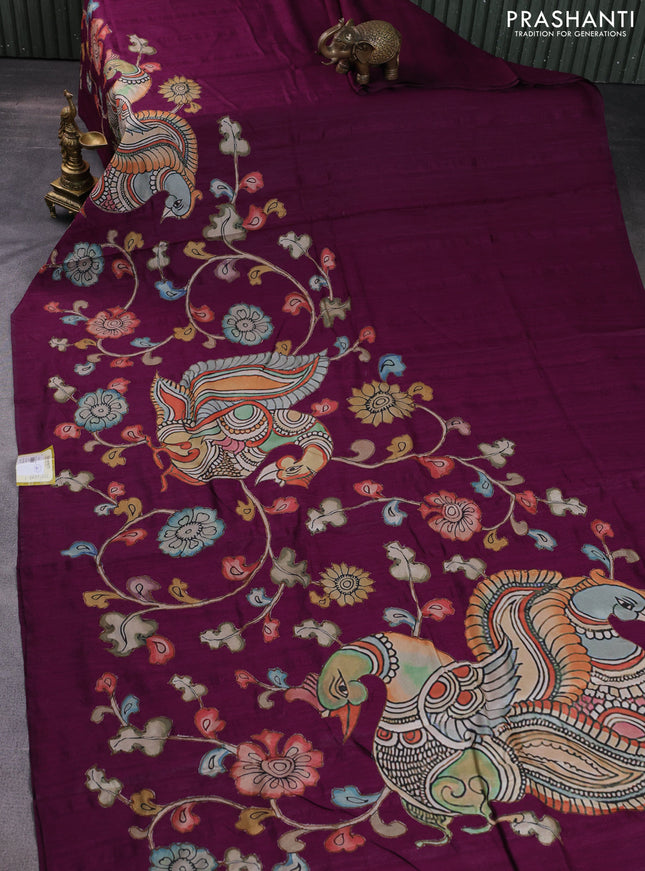 Semi tussar saree purple with kalamkari applique work in borderless style