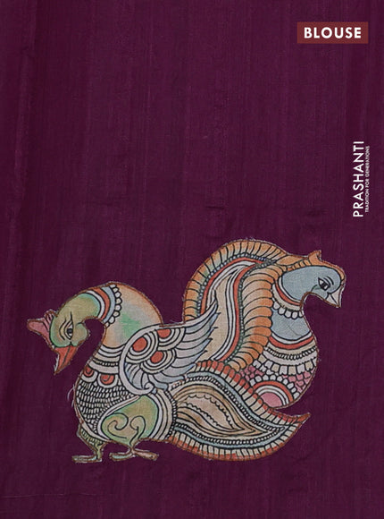 Semi tussar saree purple with kalamkari applique work in borderless style