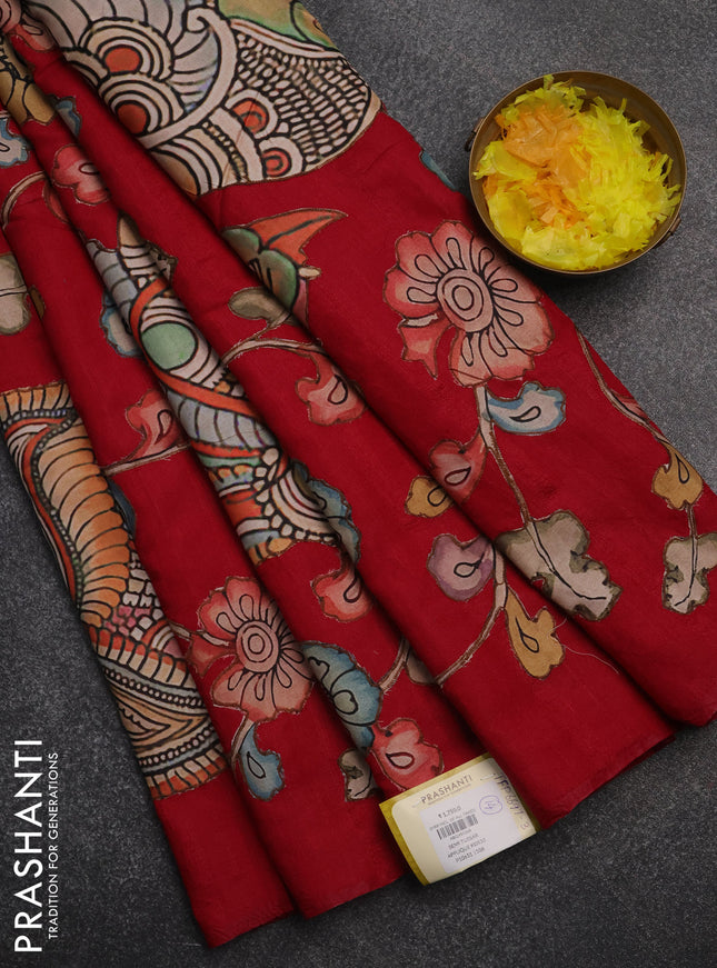 Semi tussar saree maroon with kalamkari applique work in borderless style