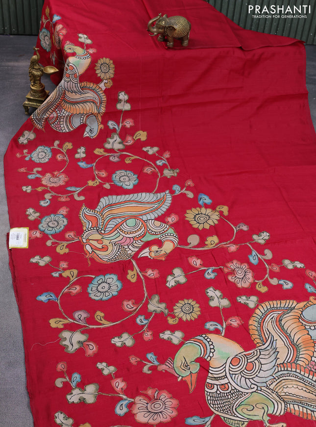 Semi tussar saree maroon with kalamkari applique work in borderless style
