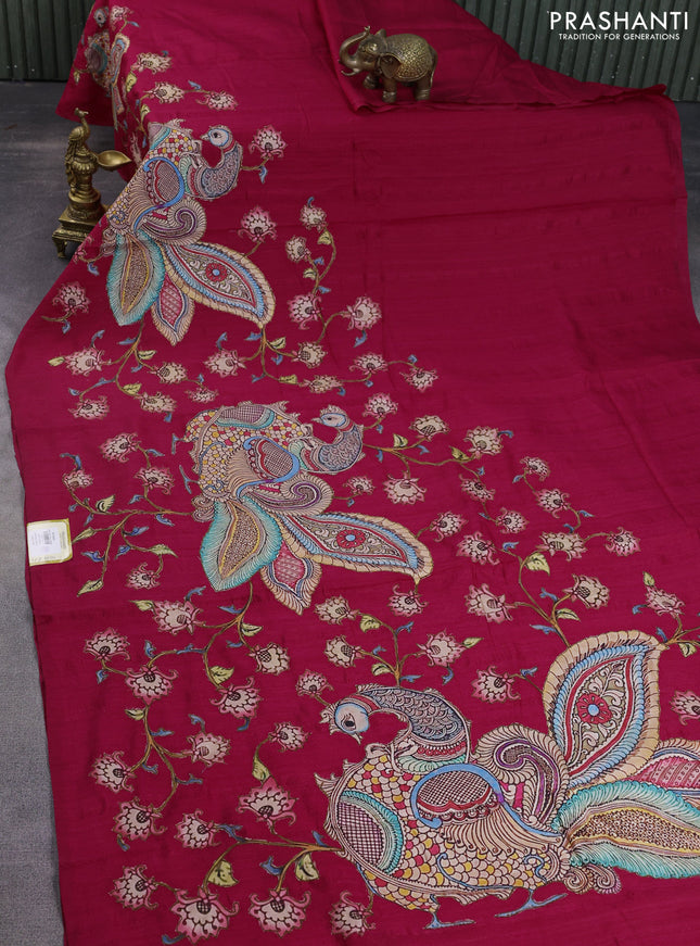 Semi tussar saree pink with kalamkari applique work in borderless style