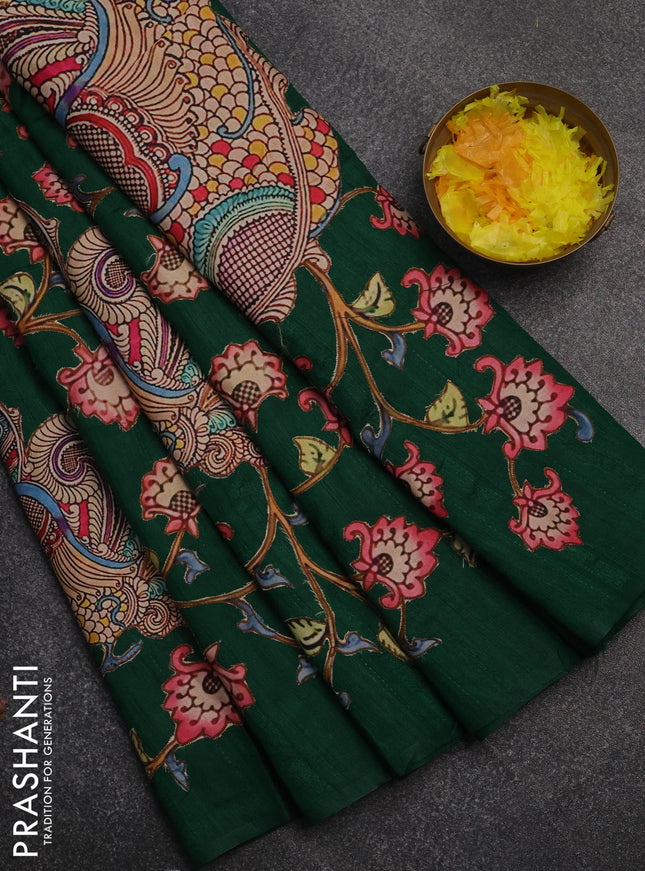 Semi tussar saree green with kalamkari applique work in borderless style