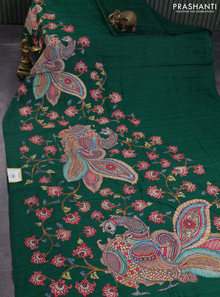 Semi tussar saree green with kalamkari applique work in borderless style