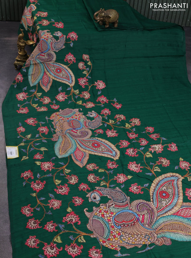 Semi tussar saree green with kalamkari applique work in borderless style