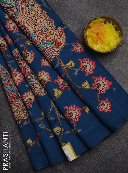 Semi tussar saree peacock blue with kalamkari applique work in borderless style