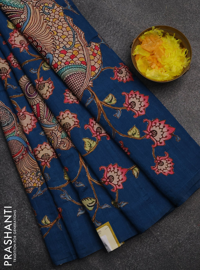 Semi tussar saree peacock blue with kalamkari applique work in borderless style