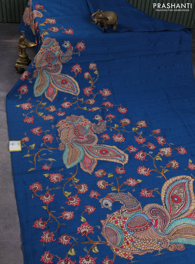 Semi tussar saree peacock blue with kalamkari applique work in borderless style