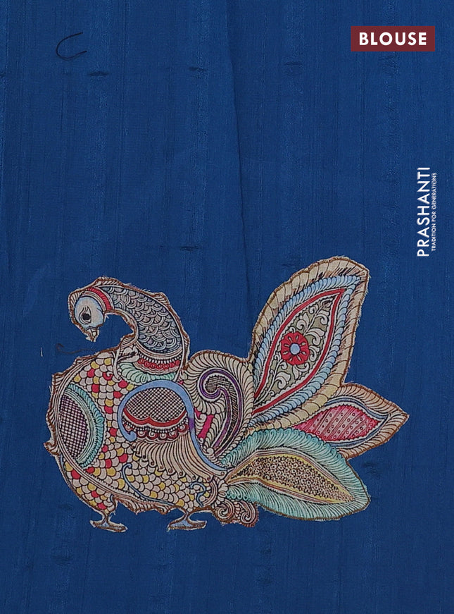 Semi tussar saree peacock blue with kalamkari applique work in borderless style
