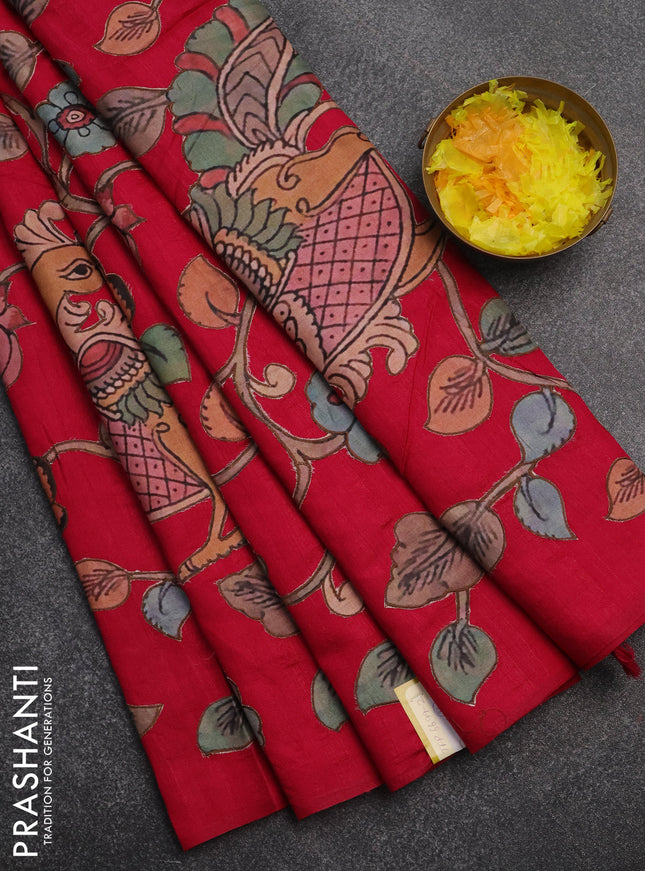 Semi tussar saree pink with kalamkari applique work in borderless style