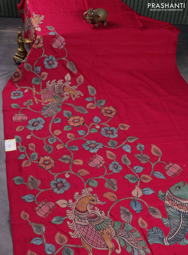 Semi tussar saree pink with kalamkari applique work in borderless style