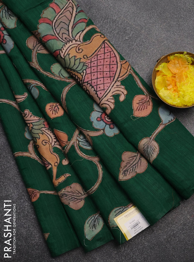Semi tussar saree green with kalamkari applique work in borderless style