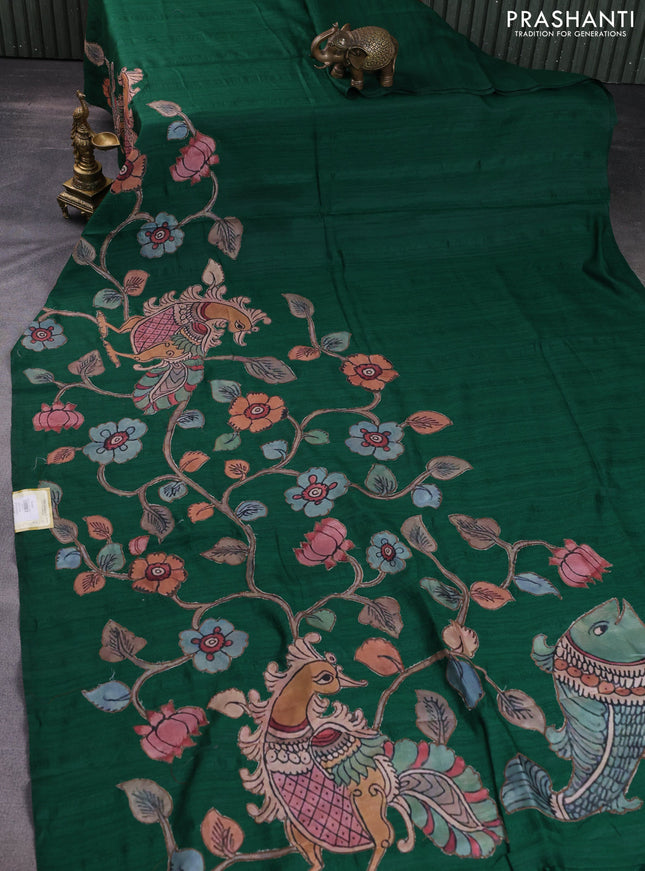 Semi tussar saree green with kalamkari applique work in borderless style