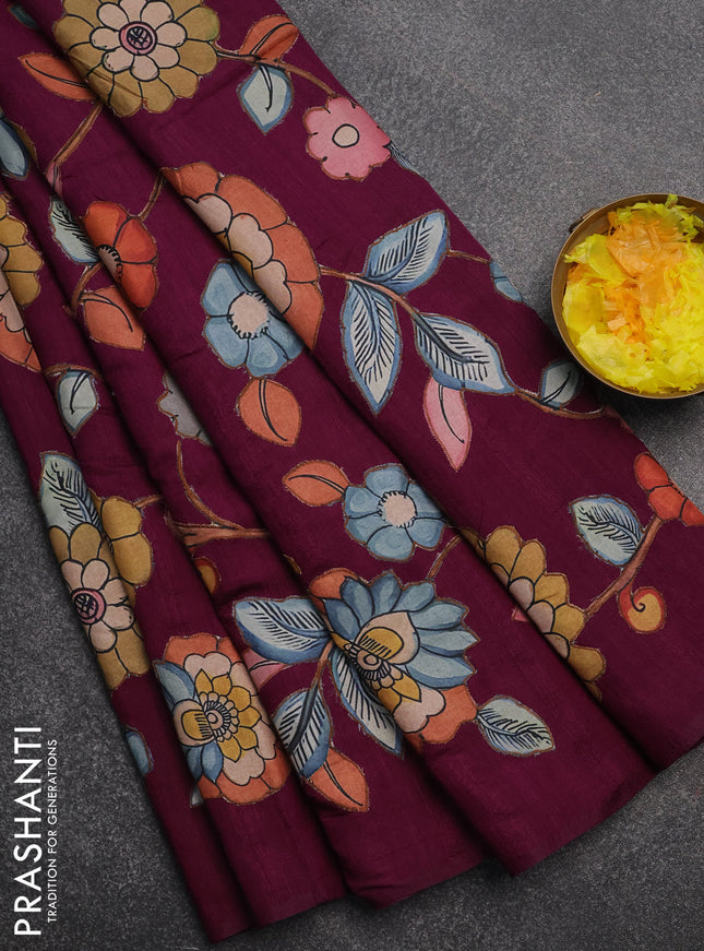 Semi tussar saree purple with kalamkari applique work in borderless style