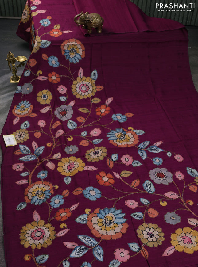 Semi tussar saree purple with kalamkari applique work in borderless style