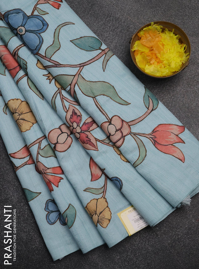 Semi tussar saree light blue with kalamkari applique work in borderless style