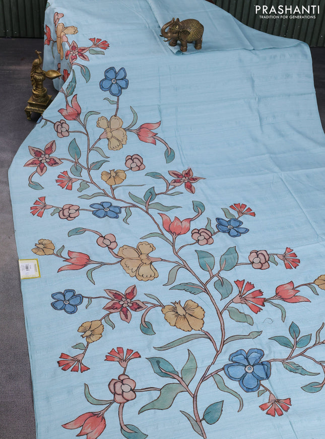 Semi tussar saree light blue with kalamkari applique work in borderless style