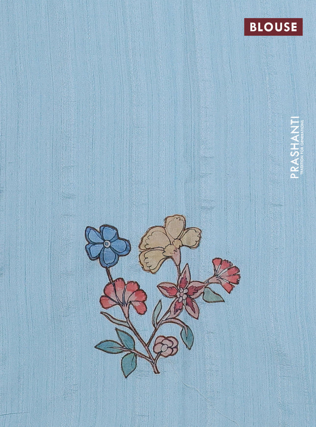 Semi tussar saree light blue with kalamkari applique work in borderless style