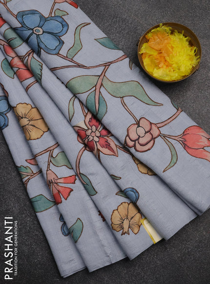 Semi tussar saree pastel grey with kalamkari applique work in borderless style