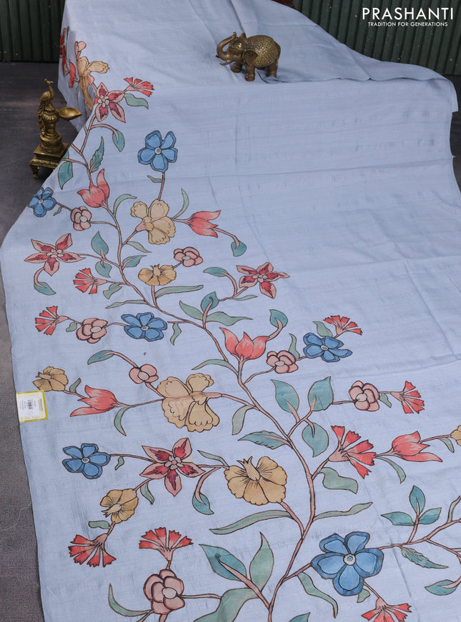 Semi tussar saree pastel grey with kalamkari applique work in borderless style
