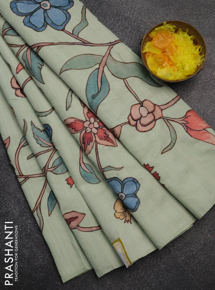 Semi tussar saree pista green with kalamkari applique work in borderless style