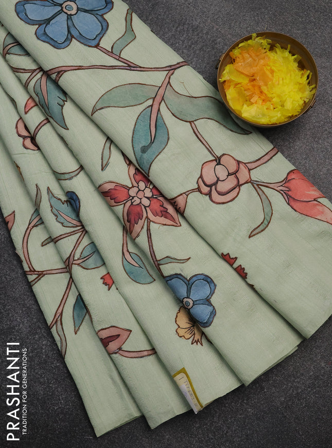 Semi tussar saree pista green with kalamkari applique work in borderless style