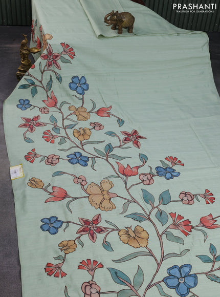 Semi tussar saree pista green with kalamkari applique work in borderless style