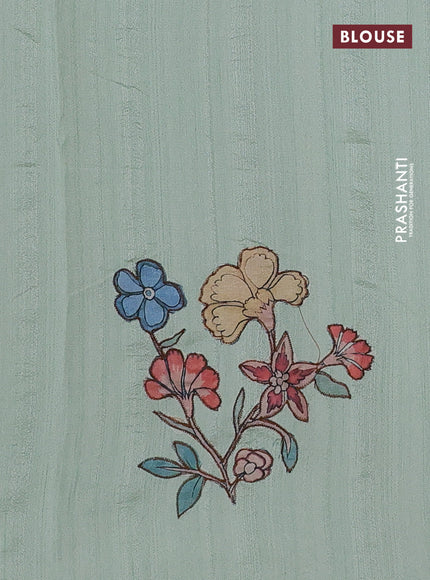Semi tussar saree pista green with kalamkari applique work in borderless style