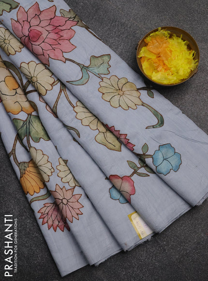Semi tussar saree pastel grey with kalamkari applique work in borderless style