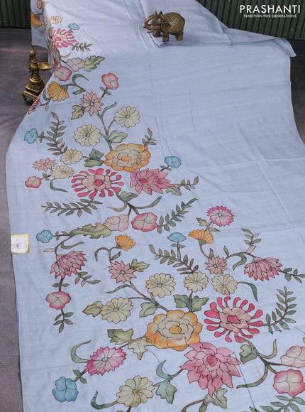 Semi tussar saree pastel grey with kalamkari applique work in borderless style
