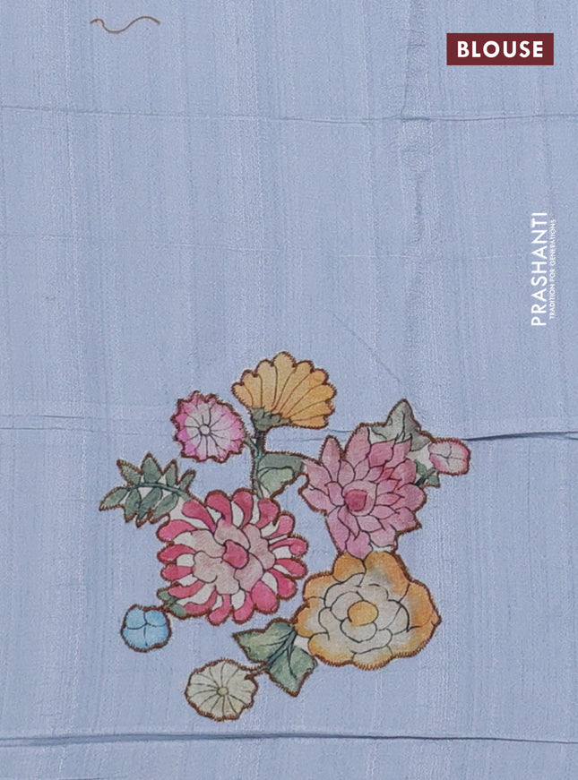 Semi tussar saree pastel grey with kalamkari applique work in borderless style