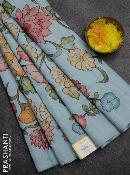 Semi tussar saree pastel blue with kalamkari applique work in borderless style