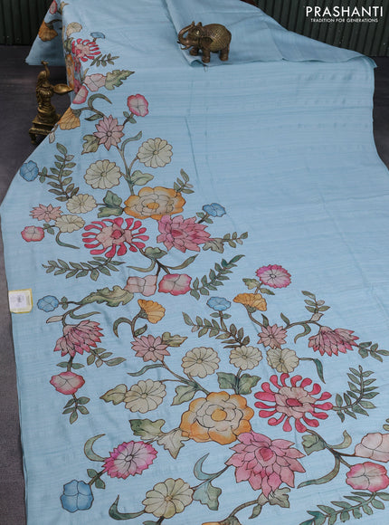 Semi tussar saree pastel blue with kalamkari applique work in borderless style