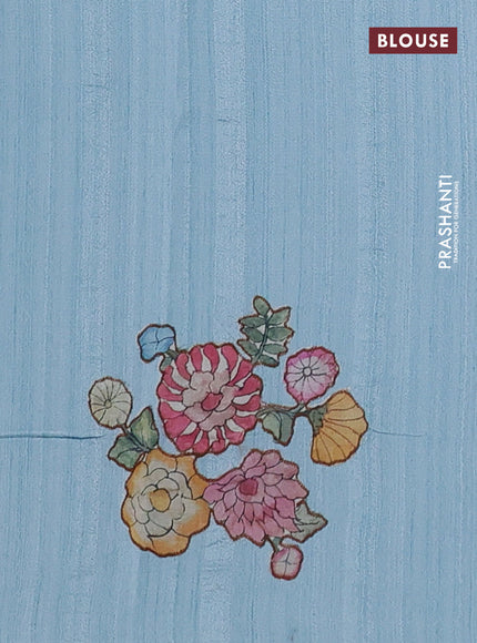 Semi tussar saree pastel blue with kalamkari applique work in borderless style