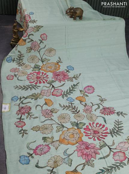 Semi tussar saree pista green with kalamkari applique work in borderless style