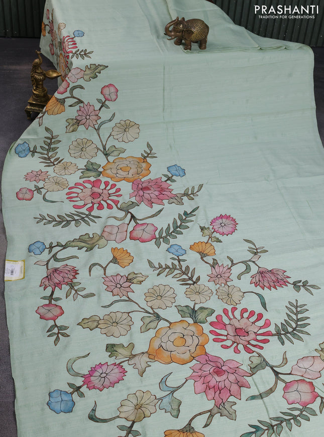 Semi tussar saree pista green with kalamkari applique work in borderless style