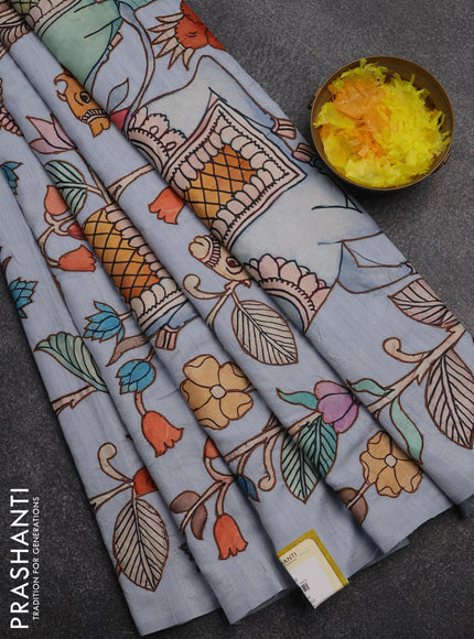 Semi tussar saree pastel grey with kalamkari applique work in borderless style