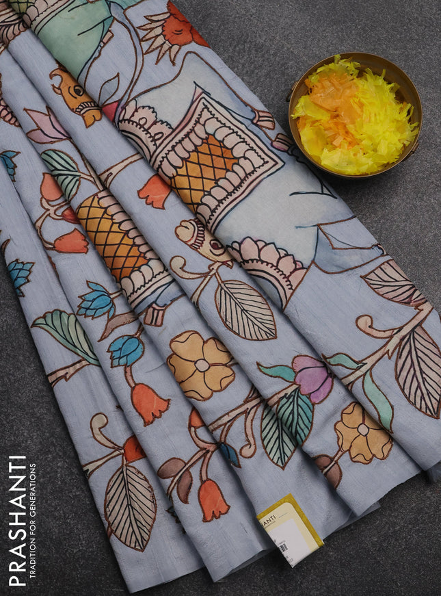 Semi tussar saree pastel grey with kalamkari applique work in borderless style