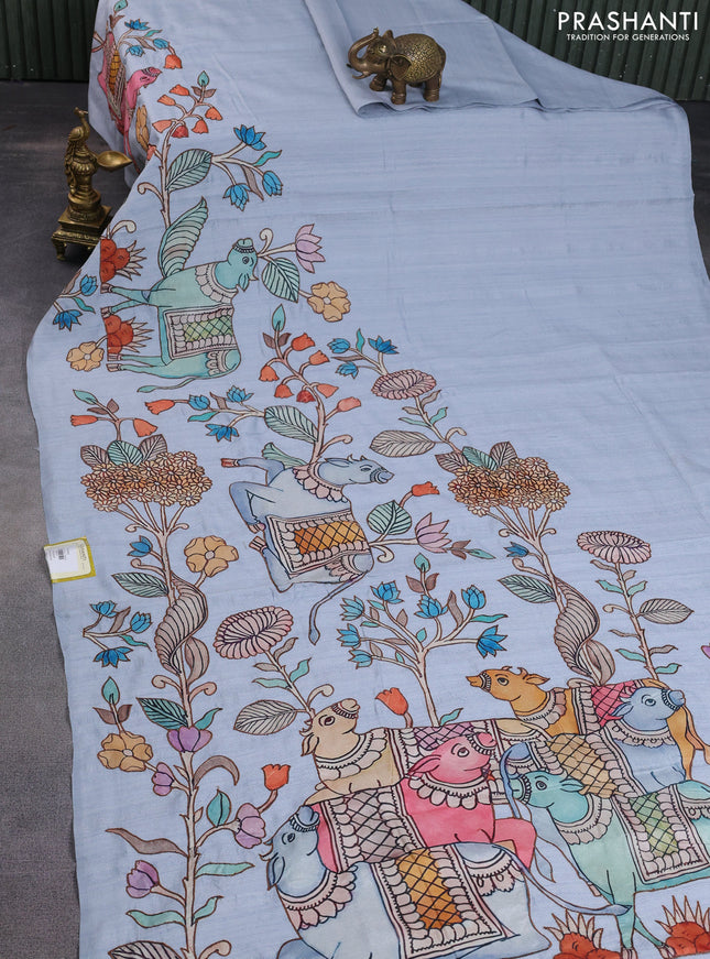 Semi tussar saree pastel grey with kalamkari applique work in borderless style