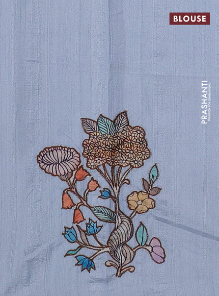 Semi tussar saree pastel grey with kalamkari applique work in borderless style
