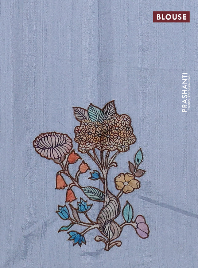 Semi tussar saree pastel grey with kalamkari applique work in borderless style