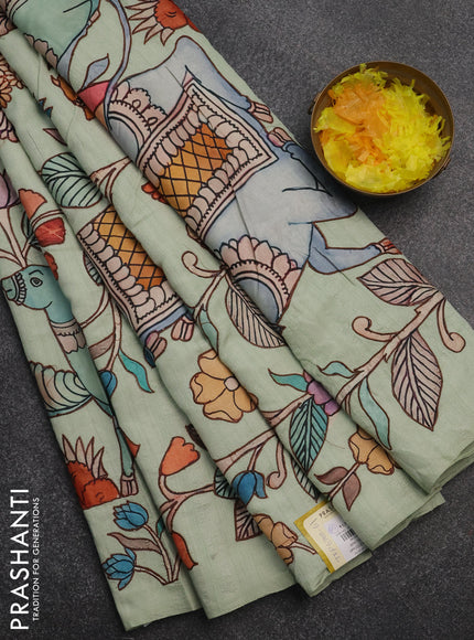 Semi tussar saree pista green with kalamkari applique work in borderless style