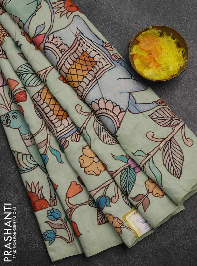 Semi tussar saree pista green with kalamkari applique work in borderless style