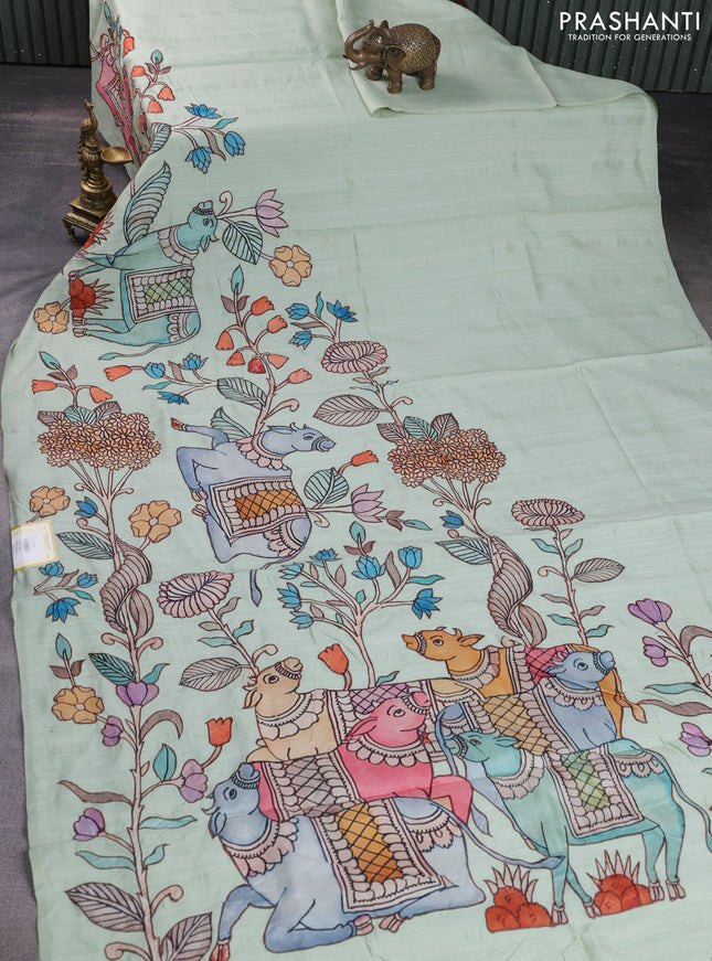 Semi tussar saree pista green with kalamkari applique work in borderless style