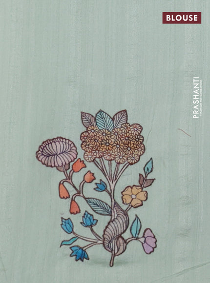 Semi tussar saree pista green with kalamkari applique work in borderless style