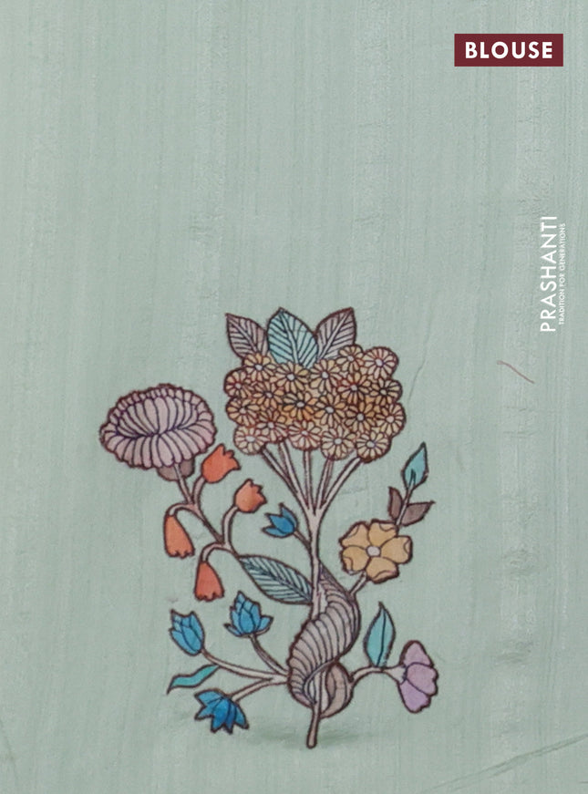 Semi tussar saree pista green with kalamkari applique work in borderless style