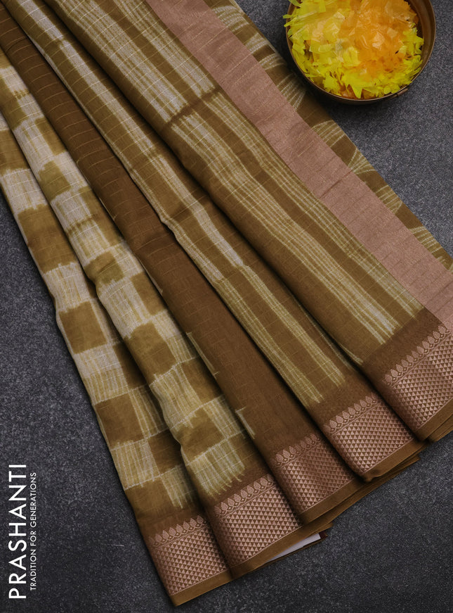 Maheshwari silk cotton saree mustard green shade with allover shibori prints and thread woven border