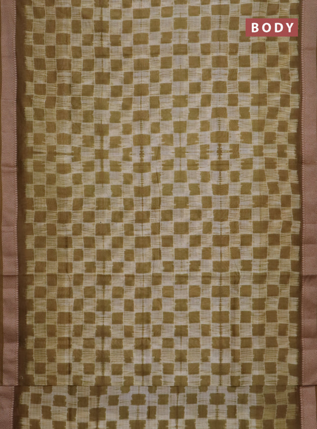 Maheshwari silk cotton saree mustard green shade with allover shibori prints and thread woven border